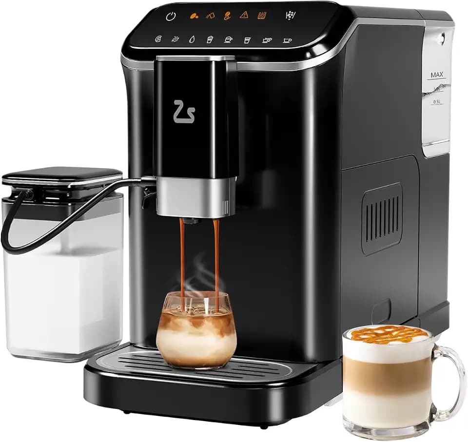 Super Automatic Espresso Machine & Coffee Maker, 20Bar Pressure, Built-in Conical Burr Grinder & Milk Frother, 6 One-Touch Recipes, Auto Clean, 1.5l Water Tank, for Home Office, 120v, Black&Silver