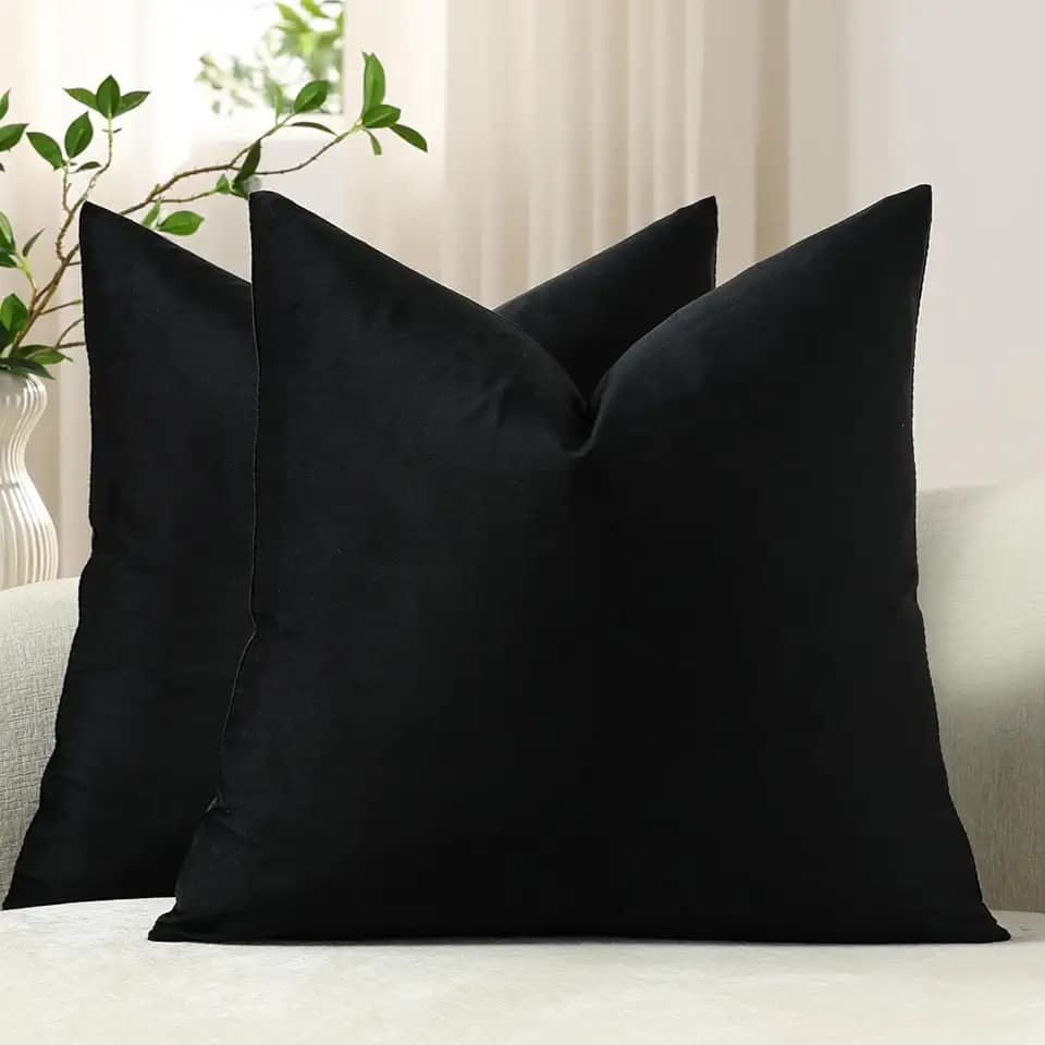 DEZENE Throw Pillow Covers 18x18 Black: Pack of 2 Cozy Soft Velvet Square Modern Luxury Decorative Throw Pillow Cases for Sofa Couch Living Room Bed Home Decor