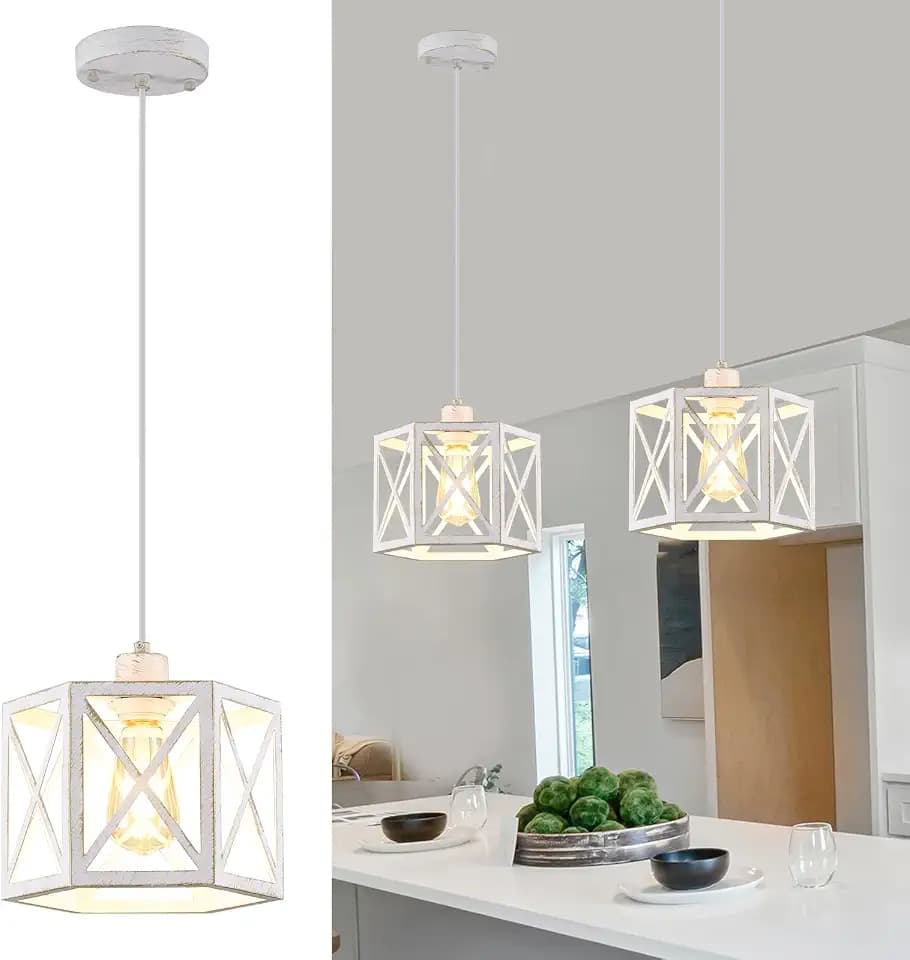 XSDeTu 2 Pack Pendant Lights for Kitchen Island, Modern Pendant Lighting with White Hexagonal Cage, Vintage Metal Ceiling Lights, Adjustable Lantern Hanging Light Fixture for Foyer Entryway Bedroom