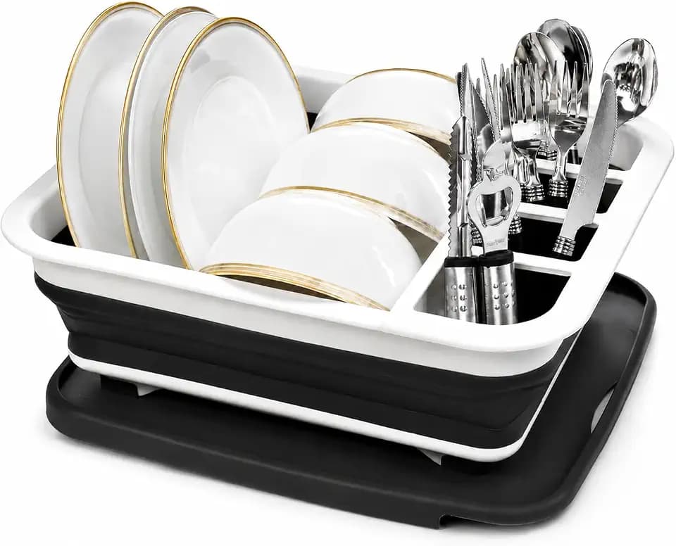 Masirs Pop-Up Collapsible Dish Drying Rack: Convenient Storage, Drains into Sink, Eight Large Plate Capacity, Sectional Cutlery and Utensil Compartment. Compact and Portable Design.