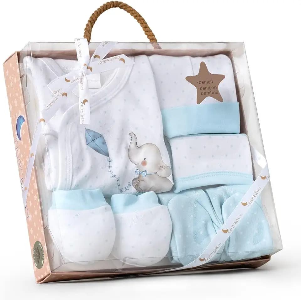 Baby Geschenkset 5 Stücke Für Neugeboren 0-6 Monate - Modell: "Elefantito", blau