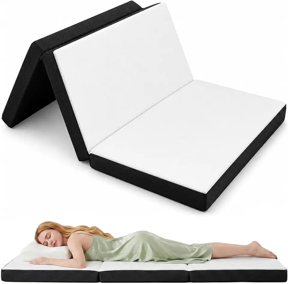 Tri-Fold Memory Foam Folding Mattress, 4 Inch Full Portable Foldable Floor Mattress Topper for Camping, Travel, RV, Guest Bed, Washable Breathable Cover, Non-Slip Bottom, CertiPUR-US Certified