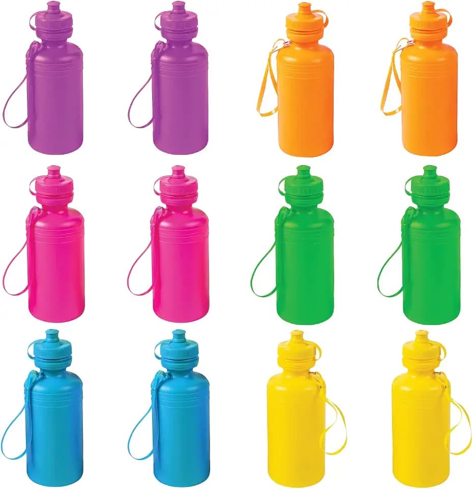 Fun Express Kids Water Bottles Bulk 12 Pack - Plastic 18 oz Leak Proof Squeeze Bottles with Pop Top Lids & Straps | Perfect for School, Sports Teams, Birthday Parties & Fundraising Events