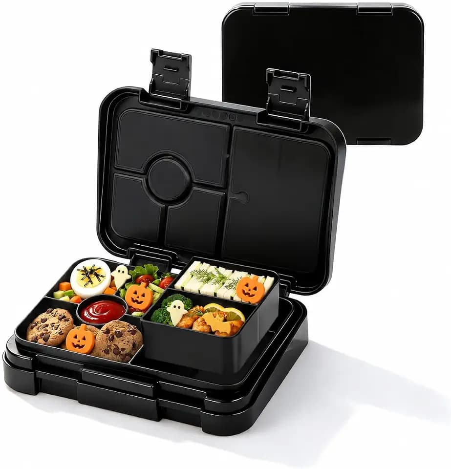 Bento Lunch Box for Kids, 5/6 Compartments, 3 Cups, Black