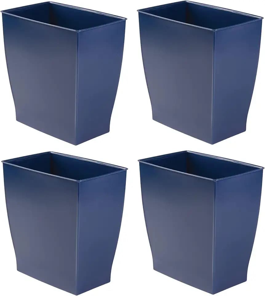iDesign Small Plastic Bathroom Trash Can, Slim Rectangle, 4-Pack, Navy Blue