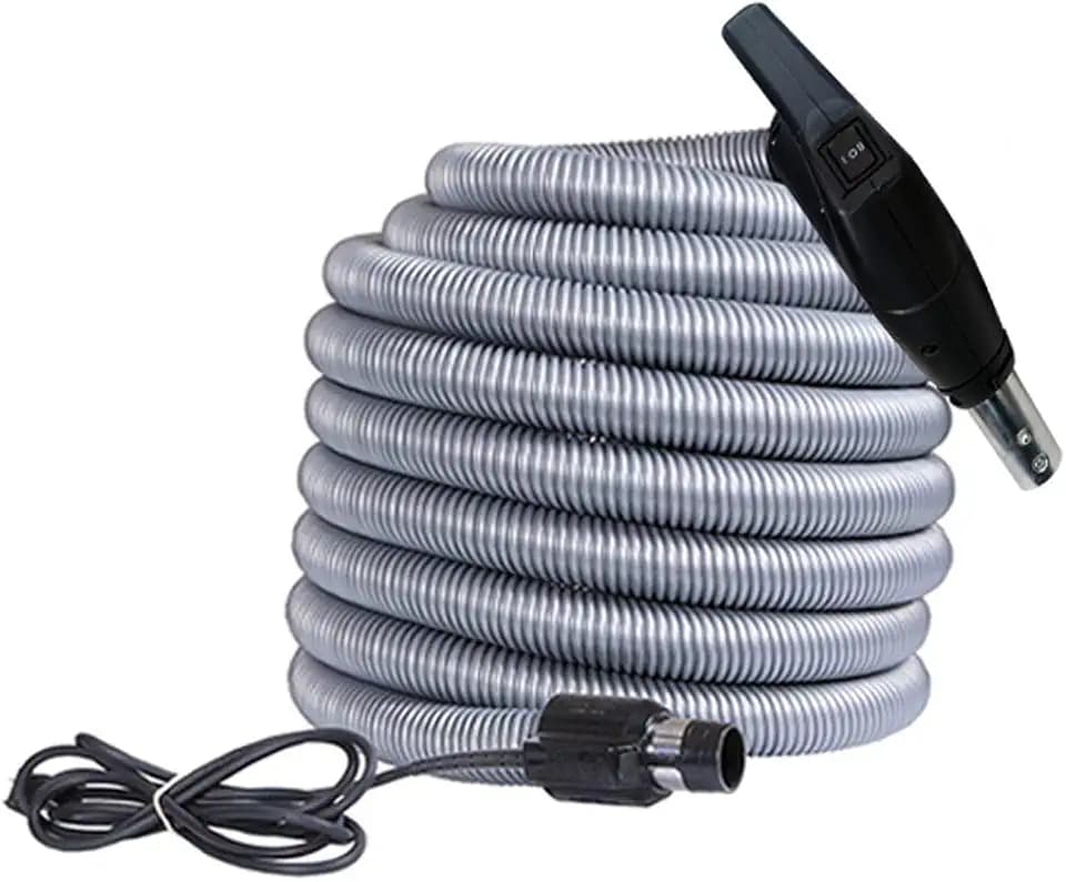 OVO Universal Central Vacuum 35ft Dual Voltage Hose with Pigtail and ON-Off 3 Way Switch Control at The Handle - Compatible with Most inlets - Crushproof