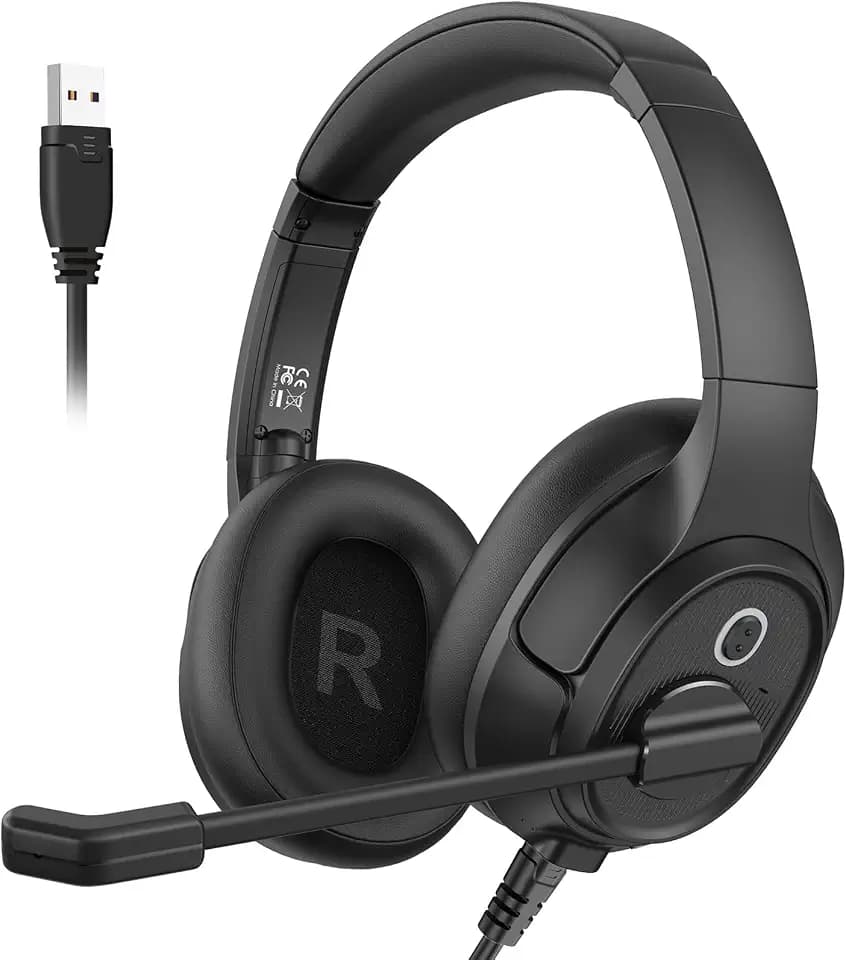 EKSA H2 USB Headset mit Mikrofon, Office PC Headset mit ENC Mic, Stummschalter & Lautstärkeregler, Over Ear PC Headset mit Kabel für Business/Callcenter/Büro/Zoom/Teams