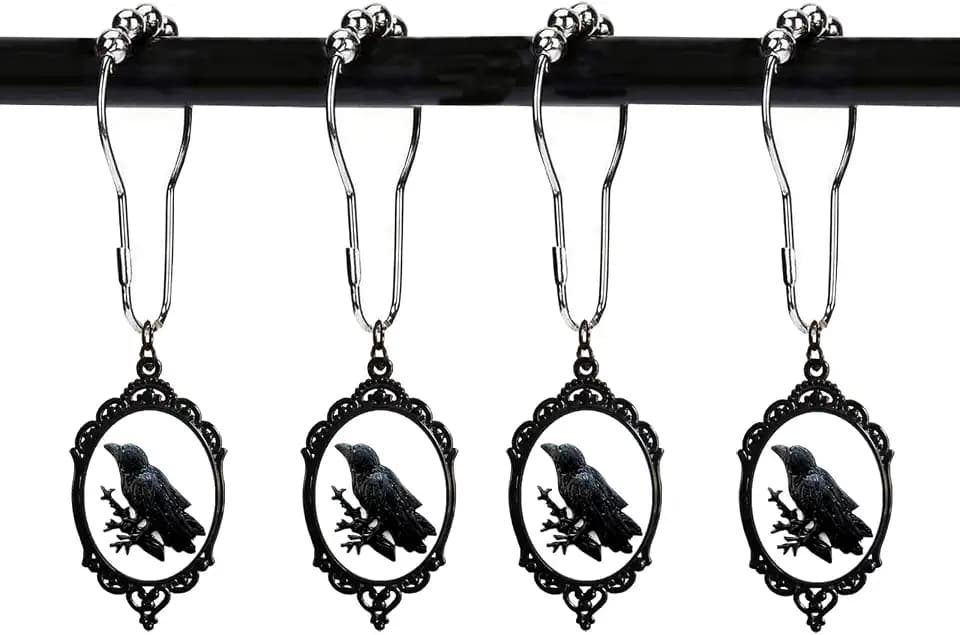 Black Raven Shower Curtain Hooks, Gothic Decorative Bird Bathroom Rings