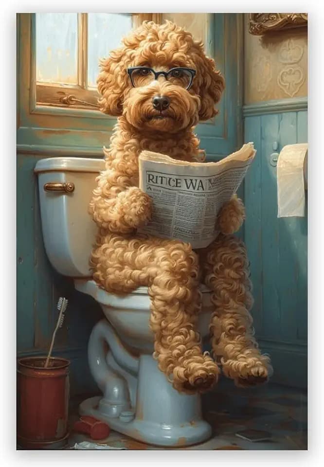 Funny Bathroom Wall Art Goldendoodle on toilet Reading newspaper Humor Animal Poster Picture Canvas Print For Dog Lovers Restroom ideas Decor 12x18inch Unframed