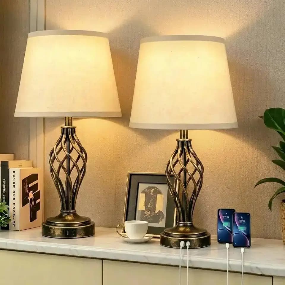 Ruiever Touch Table Lamps Set of 2, nightstand lamp with USB Ports Bedside 3 Way Touch dimmer Desk lamp for Living Room Bedroom,Gold and Black Brushed Spiral Cage Warm White Dimmer LED Bulb Included.