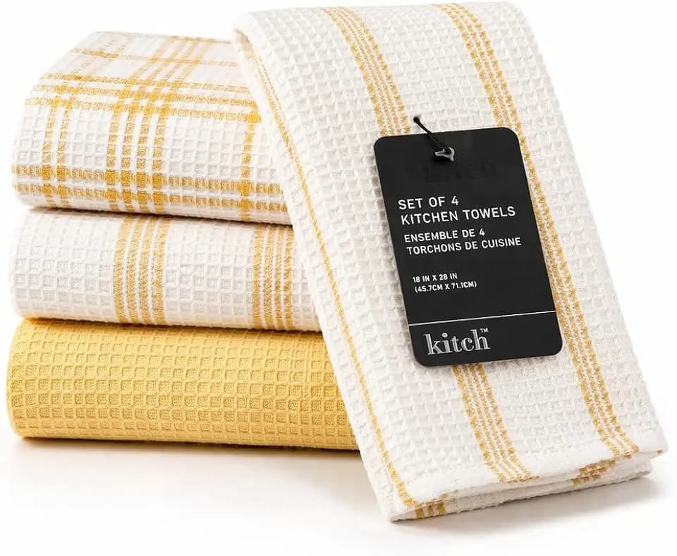 Kitchen Towels Set of 4 Dish Towels Yellow n White Waffle Weave Cotton Hand Towels, 18 x 28 Absorbent Kitchen Linens