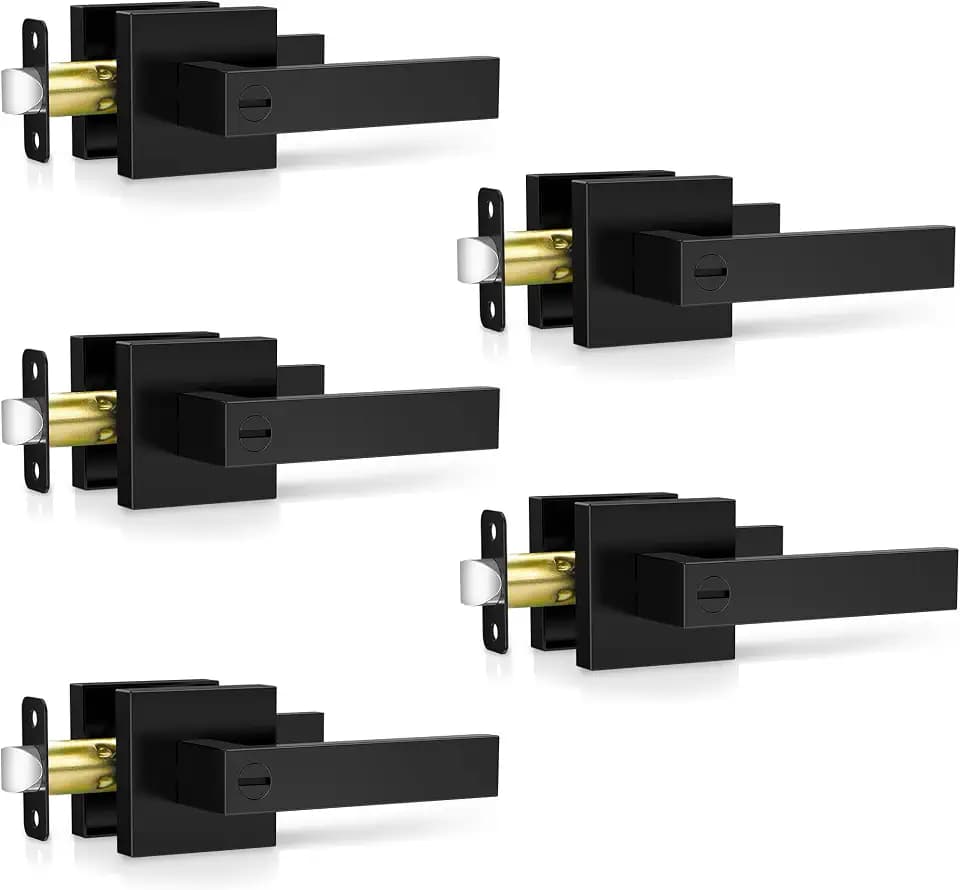 Plustool 5 Pack Matte Black Door Handles, Keyless Interior Door Knobs, Privacy Door Lever Locksets for Bedroom Bathroom, Heavy Duty Square Door Lock, Reversible for Left & Right Handled Doors