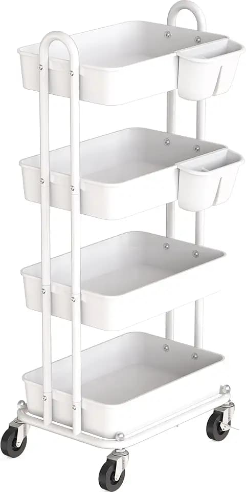 Simple Houseware 4-Tier Rolling Utility Cart with Hanging Bucket, White