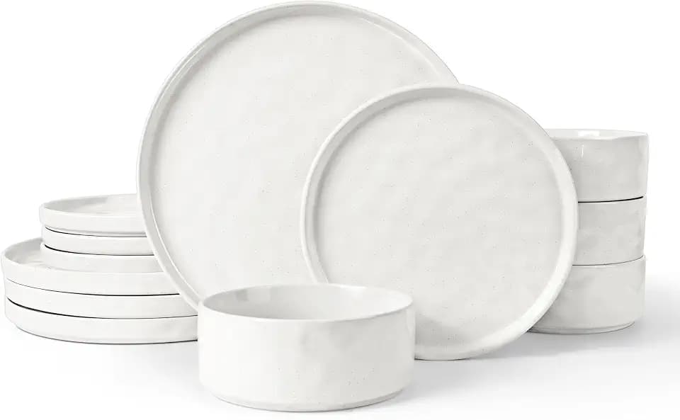 LIANYU 12 Pieces Stoneware Dinnerware Set, Dishes Set for 4, Polar White