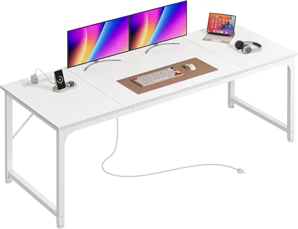 PRAISUN 70 x 24 Inch Computer Desk with Power Outlets & USB-C, White
