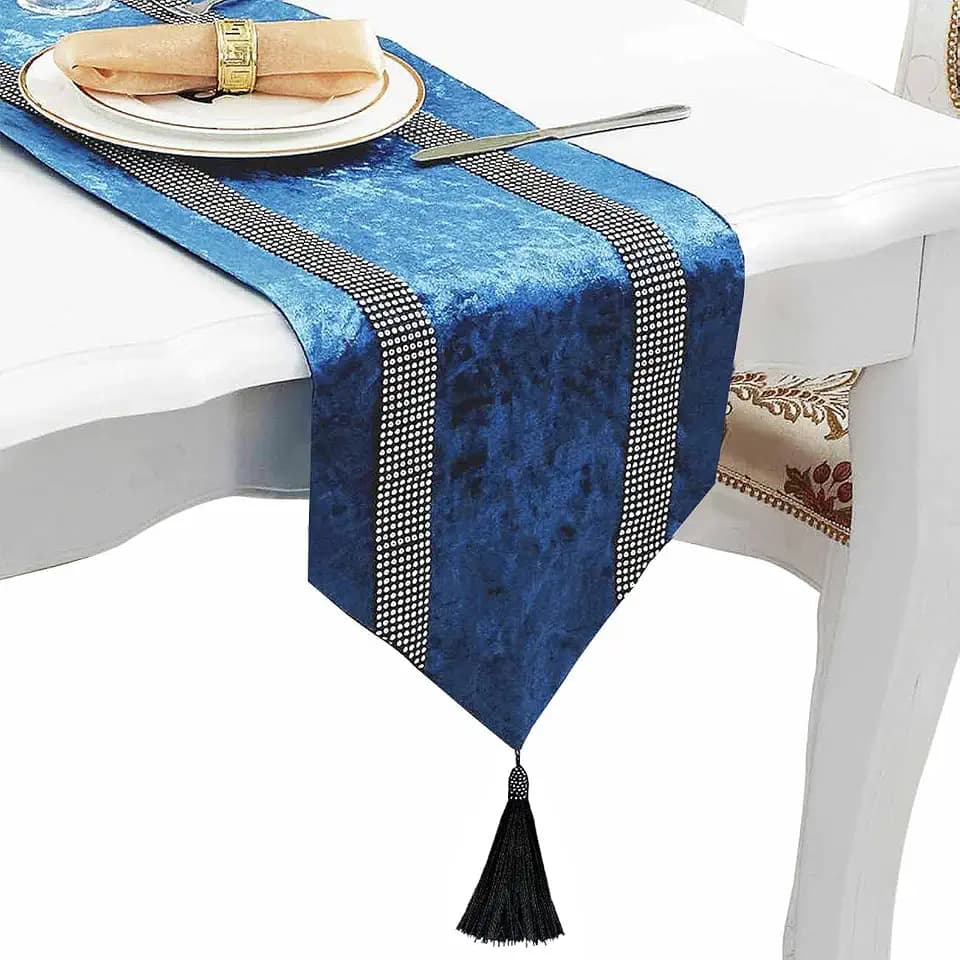 Elegant Blue Table Runner, Ombre Velvet, Silver Sequin Rhinestone,13"X120"