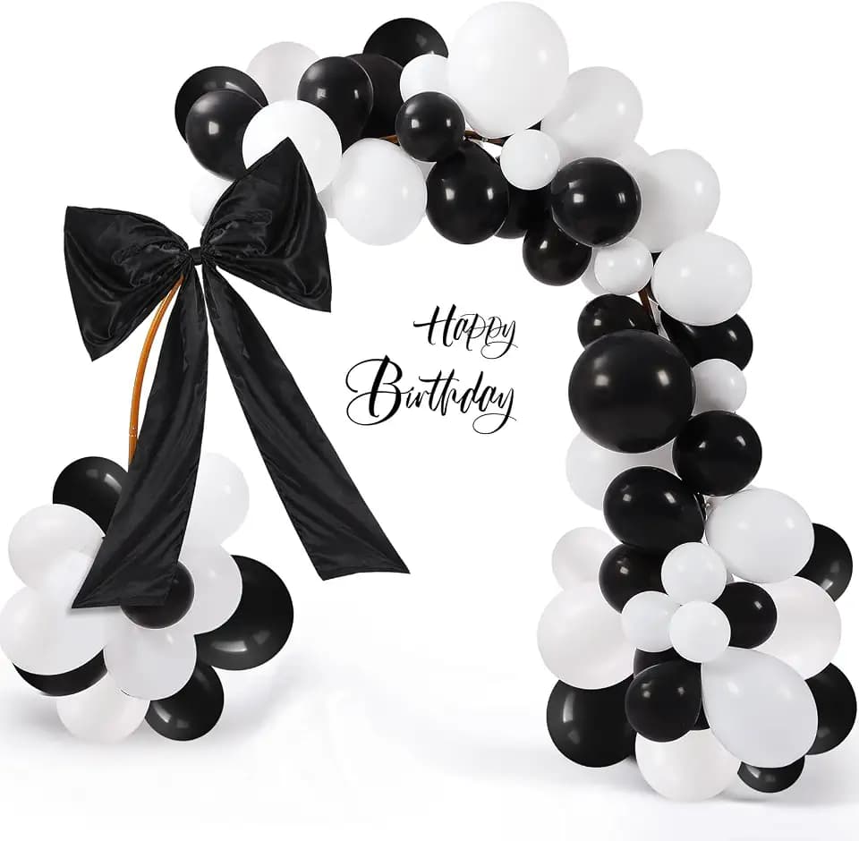 Gejoy Black and White Bow Party Balloon Birthday Decorations, 60 Pack Balloon Garland Arch Kit with 27. 5 x 36 Inch Large Satin Bow for Coquette Wedding Bachelorette Baby Shower Party Decor