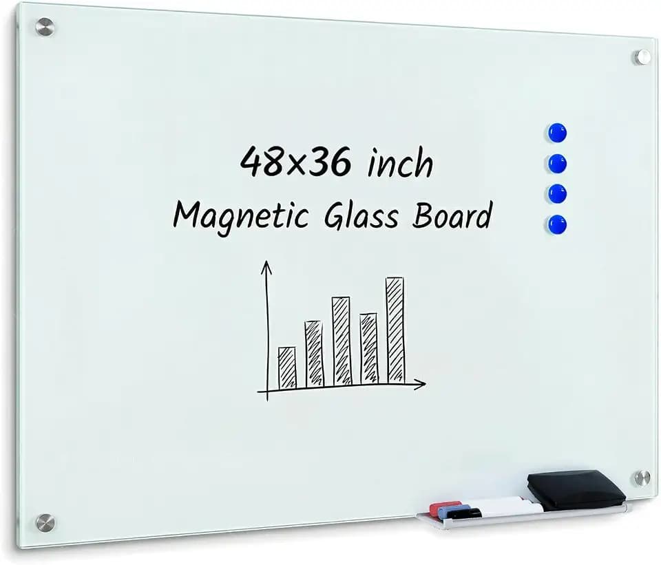 Magnetic Glass White Board 48 x 36, Tempered Frameless Dry Erase Board for Wall, Whiteboard for Office, Home & School