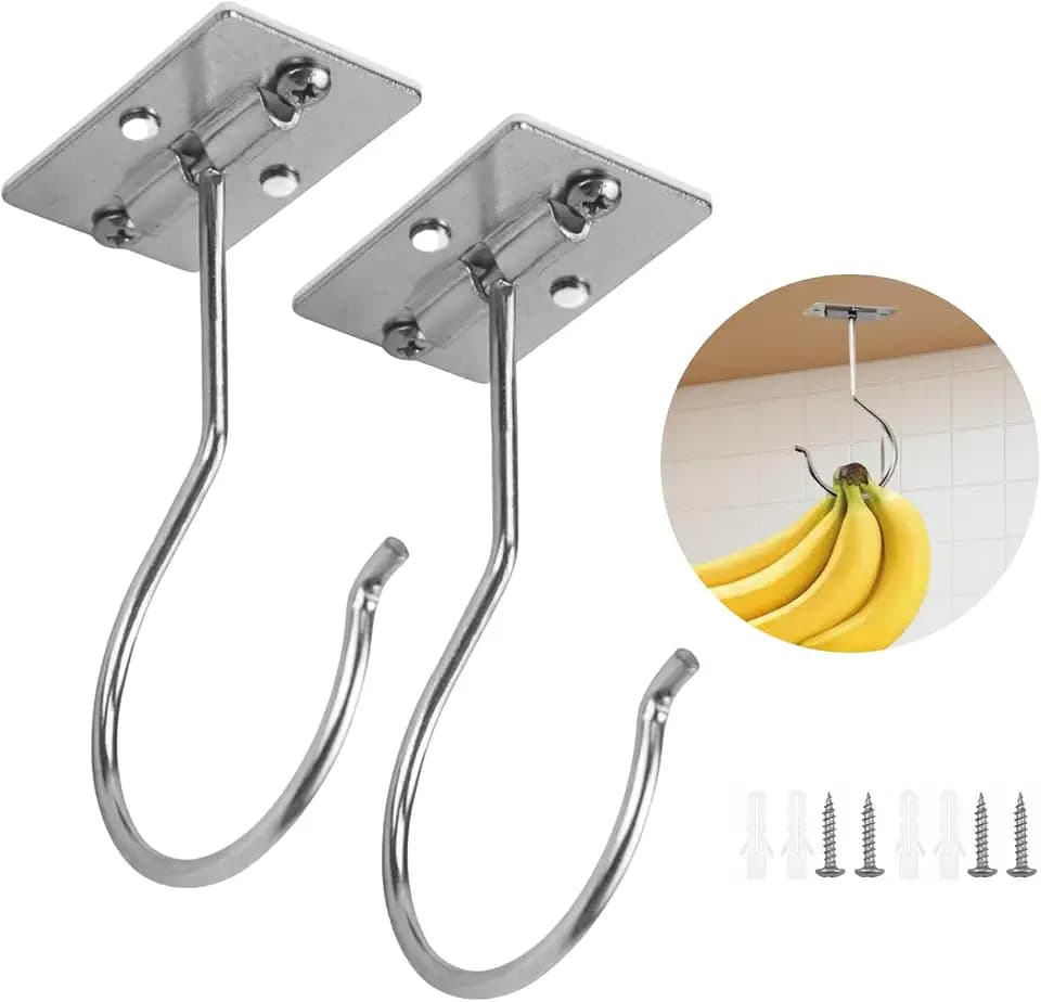 2PCS Banana Hook Under Cabinet,Adhesive Bananas Hanger with Fordable Design,Durable Metal Banana Holder for Hanging Bananas,Kitchen Organization Or Multi-Purpose Home Us(Silver)