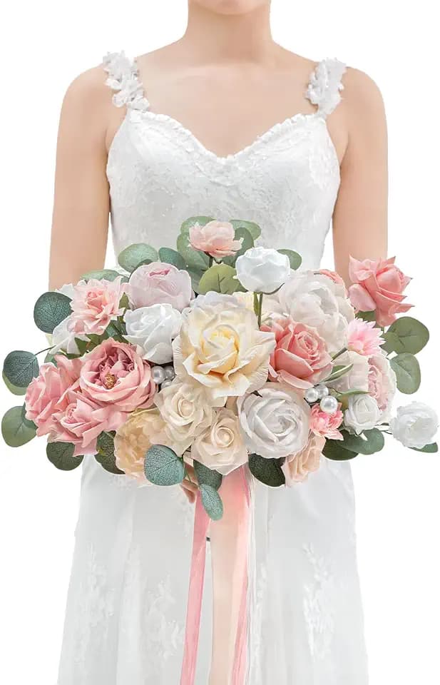 TINGE TIME 11 Inch Wedding Bouquets for Bride,Champange&Pink Artificial Flowers Bouquet, Brides & Bridesmaids Bouquet Tossing Bouquet for Wedding Anniversary Ceremony Bridal Shower Decorations