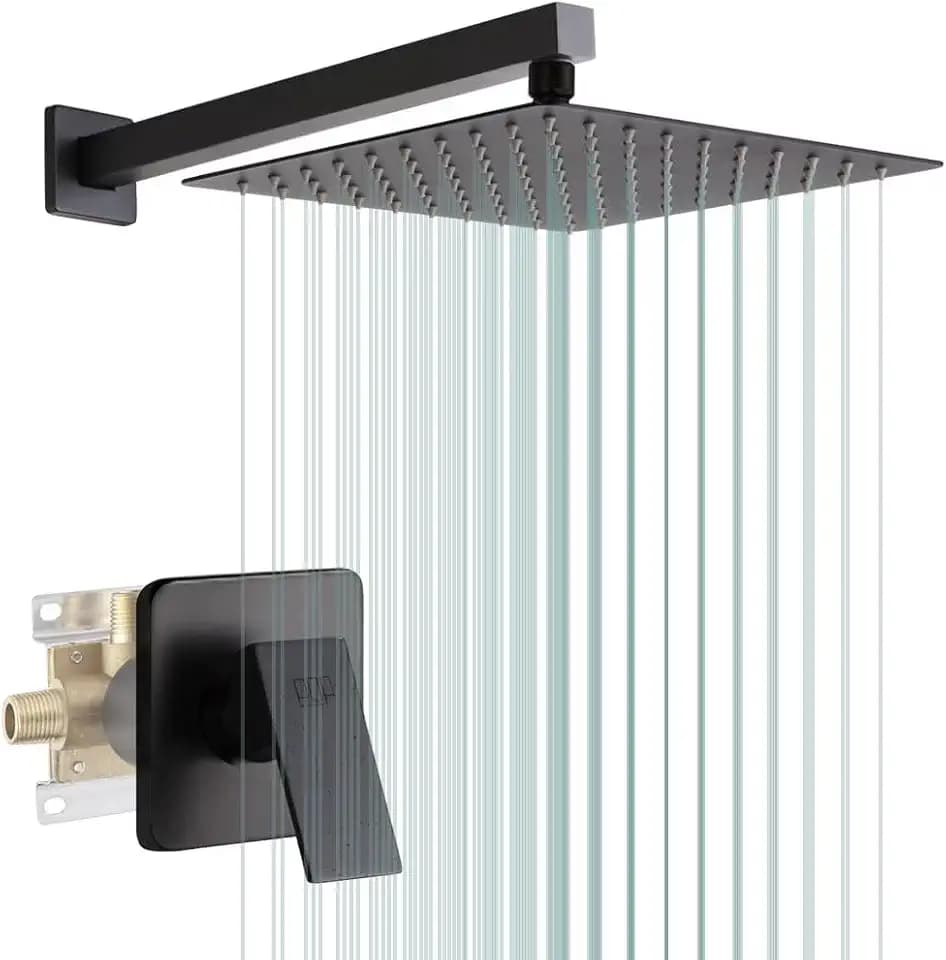 Matte Black Shower Faucet Set, Bathroom Rainfall Shower System with Stainless Steel Metal Showerhead, Single Function Shower Trim Kit with Rough-in Valve