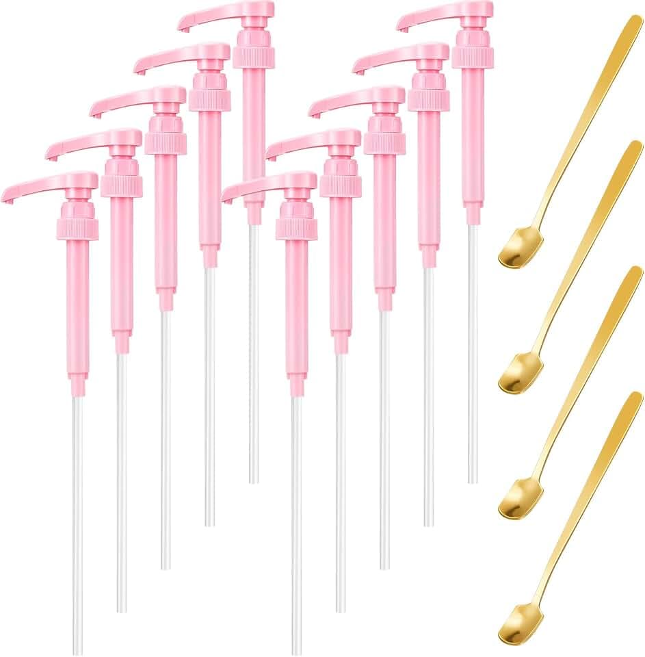 Patelai 14 Pcs Pink Syrup Pump Set for 750 ml Bottles, 10 Pumps 4 Spoons