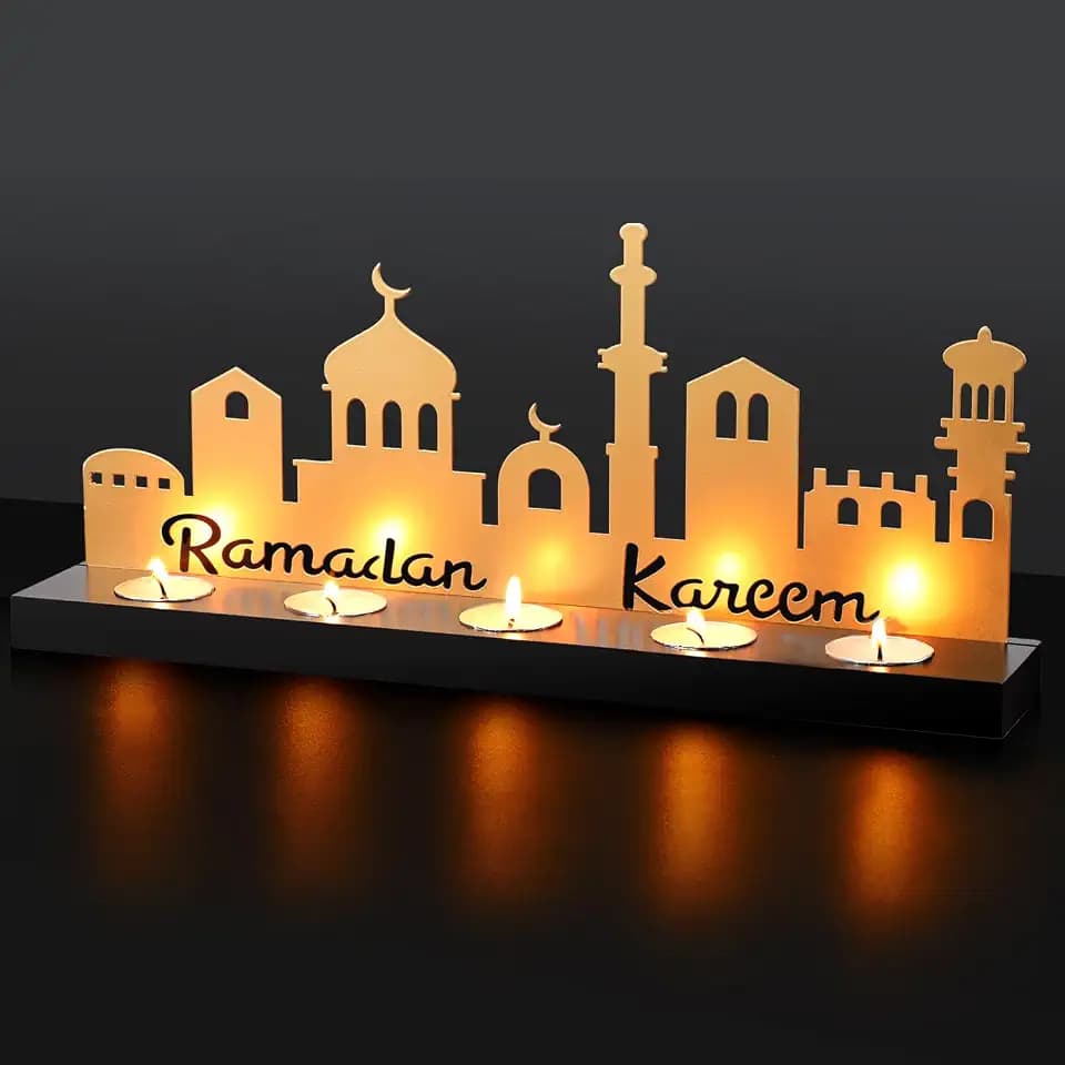 MorningRo Ramadan Kareem Decorations Islamic Candle Holder with 5 Tea Candles Eid Mubarak Metal Sign with Wood Base Ramadan Kareem Table Centerpieces Eid Al Fitr Muslim Party Gifts