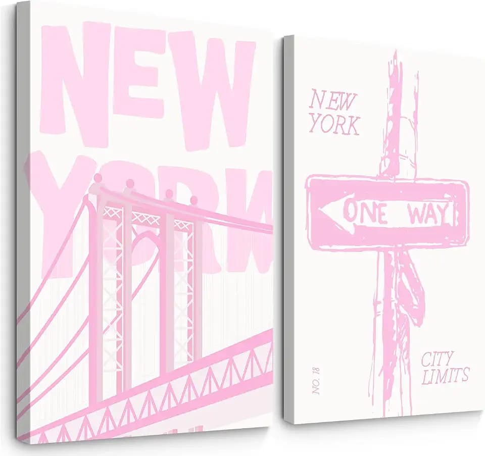 Pink New York City Wall Art Vintage Nyc Canvas Wall Decor Modern City Landscape Posters Minimalist Trendy Brooklyn Bridge Pictures Artwork for Girls Living Room Bedroom 16x24x2 Inch Ready to Hang