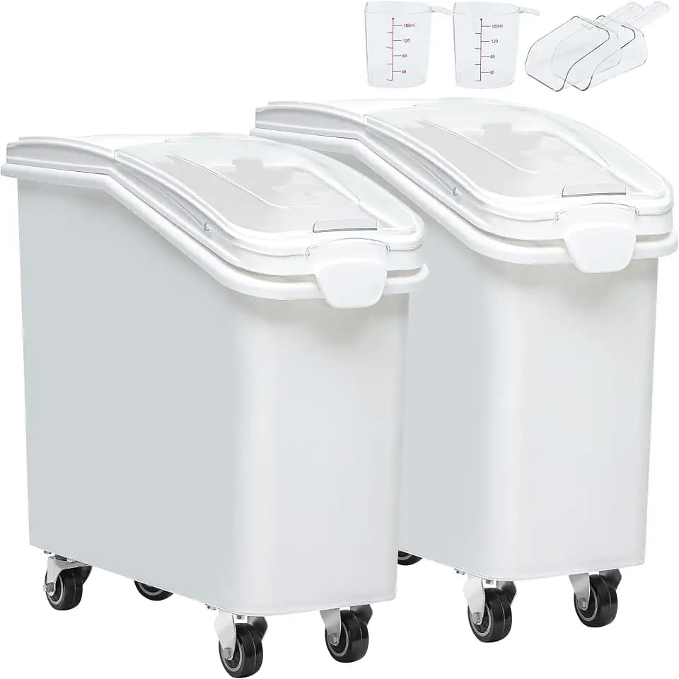 YITAHOME 21-Gallon Food Storage Container Bulk Flour Bin, Large Ingredient Storage Bin with Wheels, Measuring Cup & Scoop, for Kitchen/Dining Room, Commercial Rice Container, 2 count,White