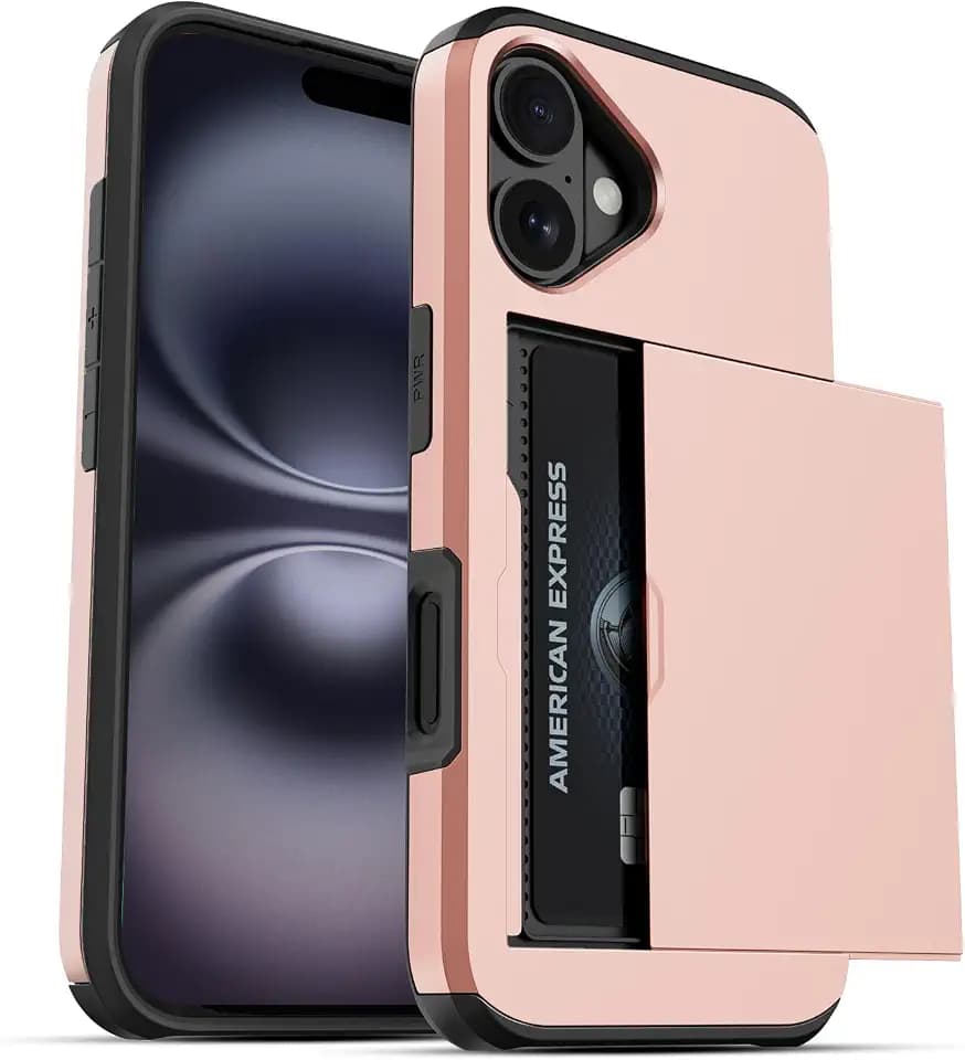 Jiunai for iPhone 16 Case Wallet Holds 2 Cards Slide Card Pocket Rose Gold