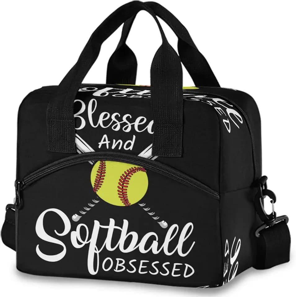 Baseball Black Insulated Lunch Tote Bag Blessed and Softball Obsessed Softball Reusable Cooler Lunch Box with Shoulder Strap for Work Picnic School Beach