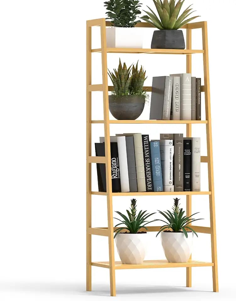 Bamboo Bookshelf, 4-Tier Ladder Shelf Freestanding Space Saver Open Bookcase Book Shelf, Bamboo Storage Shelving Unit Flower Plant Stand for Living Room, Bathroom, Home Office, Natural