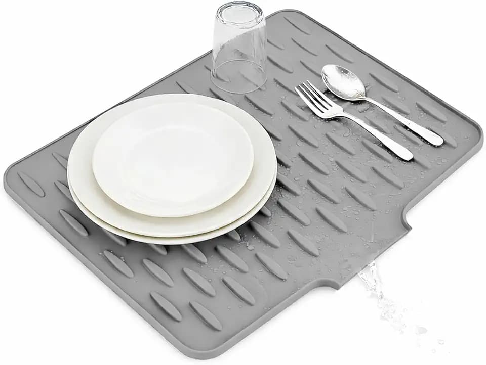 Silicone Dish Drying Mat 16"x13" Sloped Drainage, Light Gray