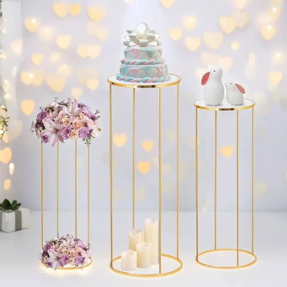 3pcs Gold Metal Plant Stand, Cylinder Pedestal Stands for Party, Metal Plant Columns Pedestal Stands for Display, Round Cylinder Columns tables for Weddings Cake Stand Floor Plant Tables