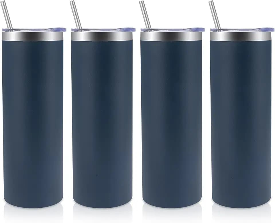Volhoply 4 Pack Skinny Tumblers with Lid and Straw, 20oz Stainless Steel Straight Tumbler Bulk, Vacuum Insulated Coffee Mug for Home, Office, Travel, DIY (Navy,4 Pack)