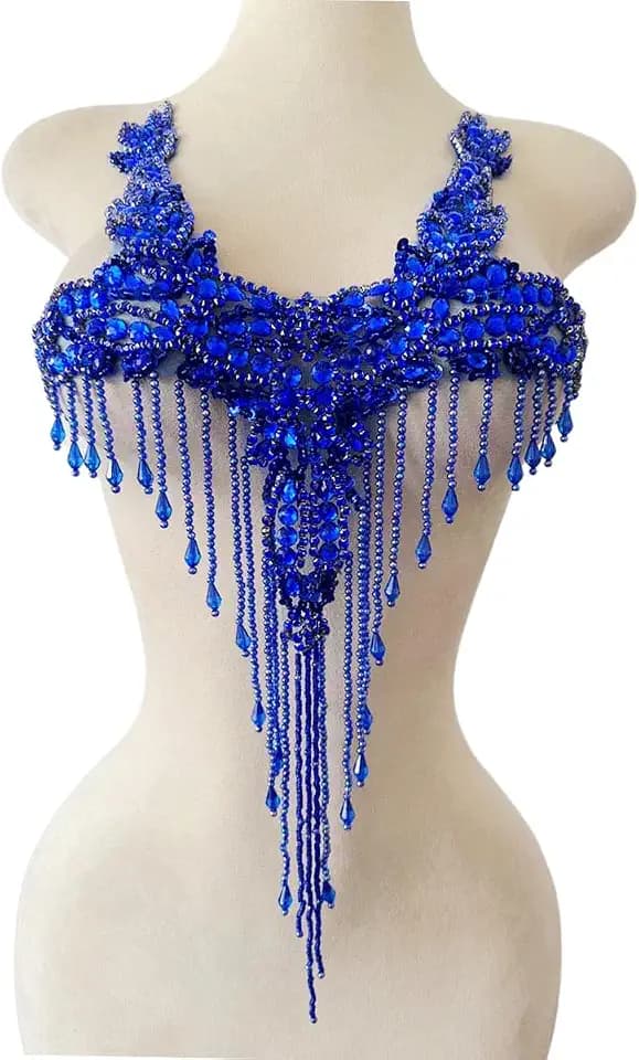 Pure Handmade Rhinestones Beads Patches Trim Bodice Applique Sewing Fringe Tassel Chain for DIY Clothing Wedding Decoration 15X19.6inches (Blue)
