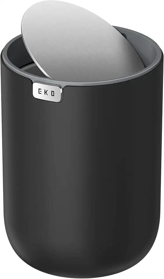 EKO Fandy 0.58 Gal/2.2L Mini Trash Can with Lid, Swing-Top Desktop Trash Can for Bathroom, Countertop, Vanity, Desk or Office, Small Garbage Bin (Black)