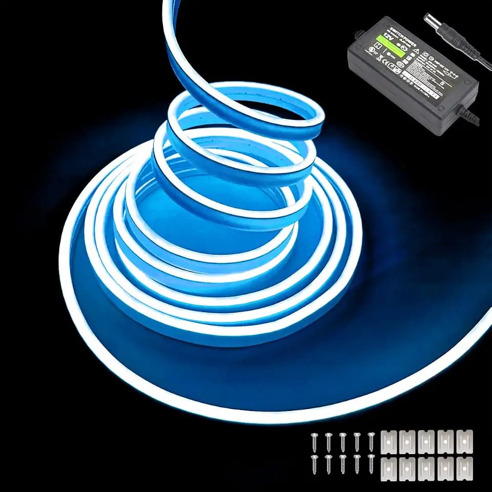Ice Blue Neon LED Strip Lights, 16.4ft 12V Waterproof Flexible Light for Indoor/Outdoor Decoration (Includes Power Adapter)