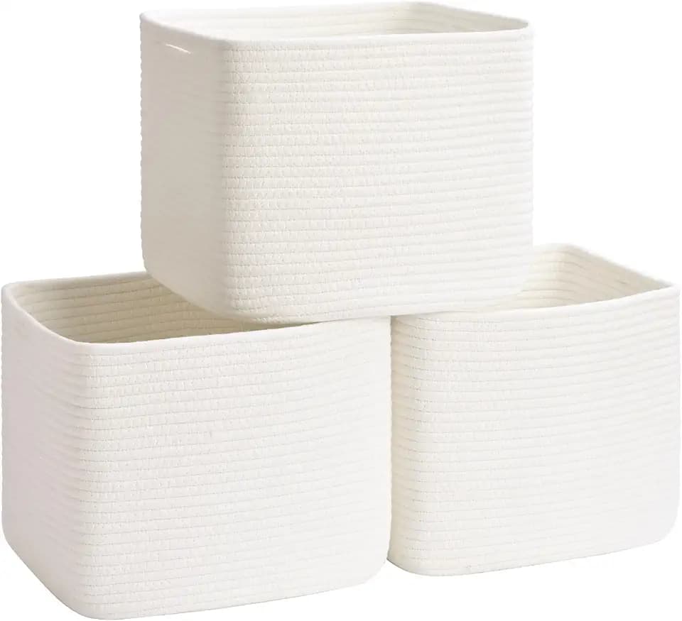 3 Pack Cube Storage Bin, 12”x12”x10” Cotton Rope Woven Baskets for Organizing Toys Clothes Towels, Square Gift Storage Baskets for Shelves, Nursery, Closet, Bathroom, Pantry (White)