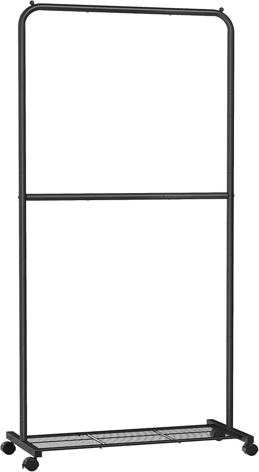 SONGMICS Clothes Rack with Wheels, Metal Garment Rack, Mesh Storage Shelf