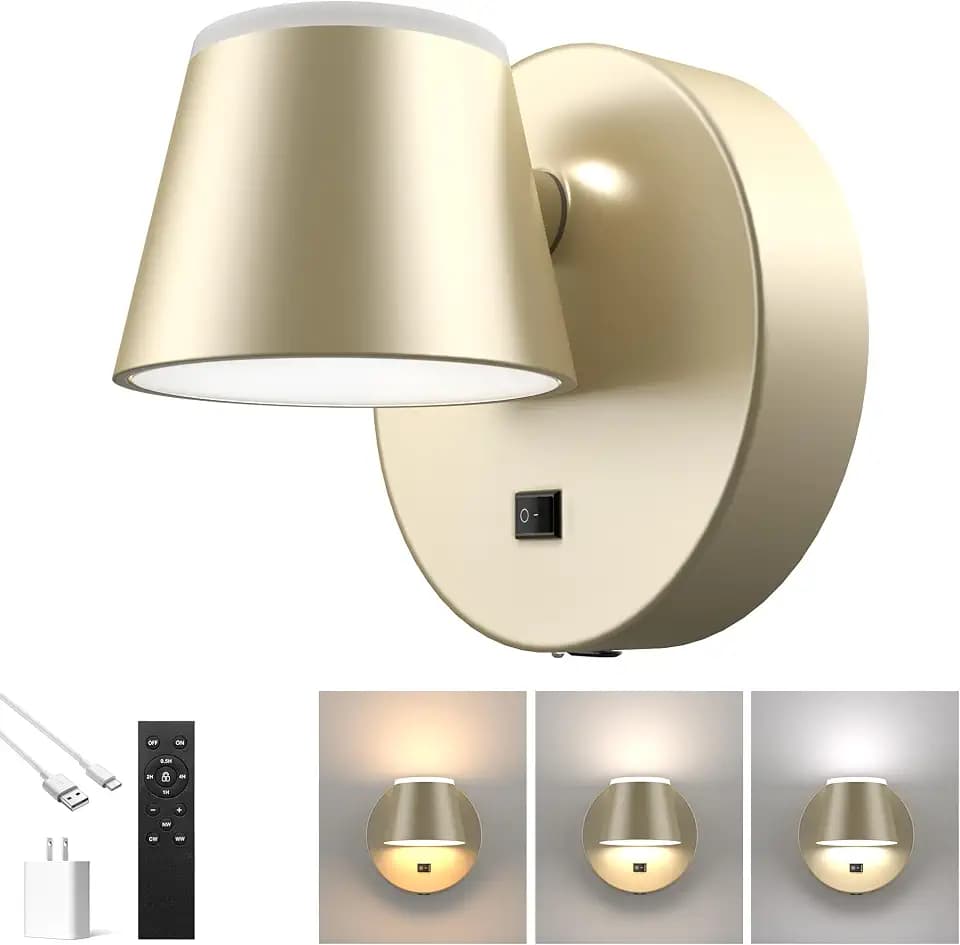 URSOLA Battery Operated Wall Sconce with Remote, LED Rechargeable Battery Wall Light with 9000mAh 3CCT and Dimmable Magnetic 360° Rotation Cordless Light for Bedroom(Champaign)
