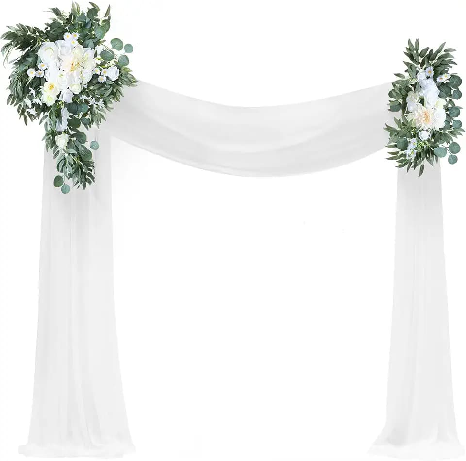 melos Artificial Wedding Arch Flowers Kit Pack of 4, 2 Pcs Flower Swag, 2 Pcs White Color Draping Fabric, Wedding Ceremony Arbor and Reception Backdrop Decoration, Party Outdoor Decor