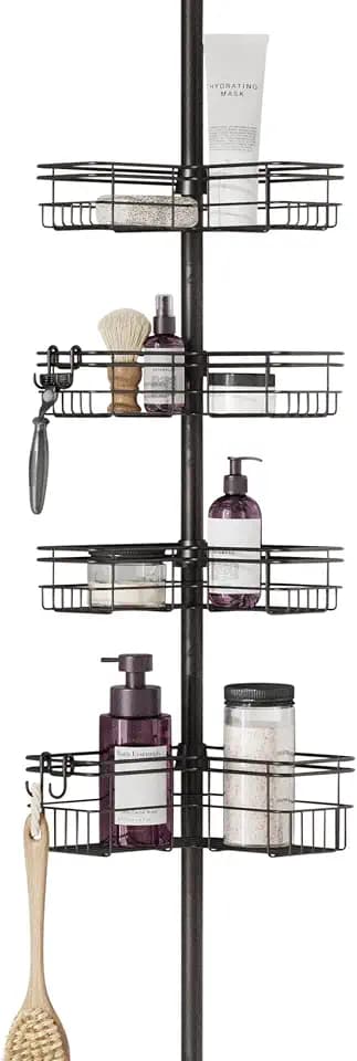 Zenna Home Tension Pole Shower Caddy Corner Organizer, Adjustable Standing Shower Caddy with 4 L-shaped Baskets and Hooks, Rust Resistant Bathroom Tension Rod Organizer, 60 to 97 Inch, Bronze