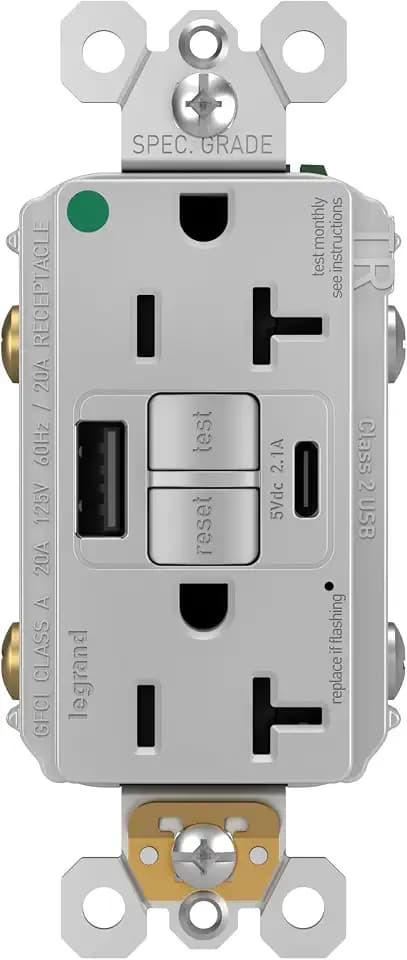 Legrand Radiant 20 Amp Tamper Resistant GFCI Outlet USB Type A Gray 1 Pack