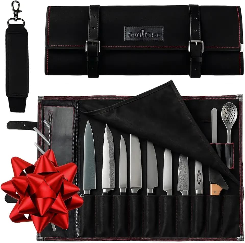 OuiChef Chef Knife Bag for 10 Knives & Utensils - Waxed Canvas & Vegan Leather - Travel Knife Case with Straps - Professional Chef Roll Bag