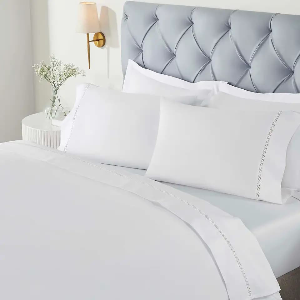 Superior Embroidered Cotton Bed Sheet Set, 1 Elastic Deep Pocket Fitted Sheet, 1 Flat Sheet, 2 Pillowcases, Daily Soft Sheets, Cotton Cross-Stitch Design, Riverton Collection, King, White-White