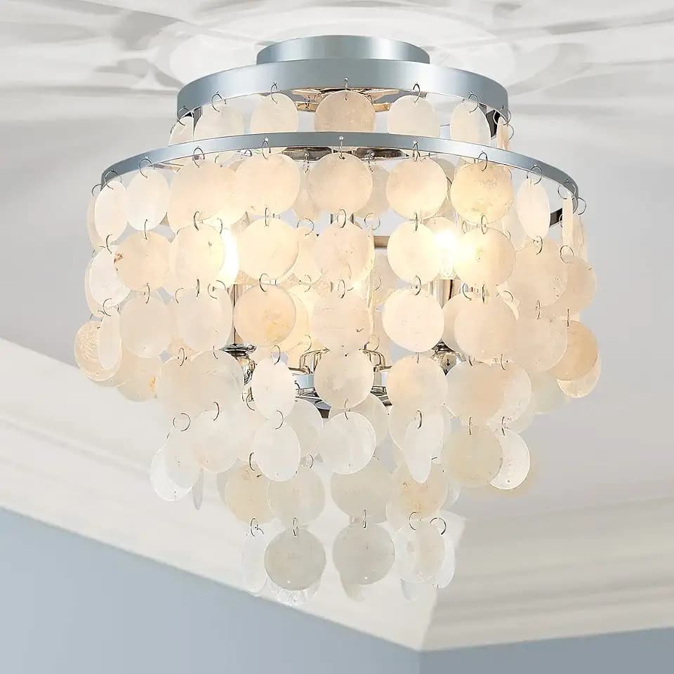 AGV LIGHTING Capiz Shell Ceiling Light Fixture, Semi Flush Mount Ceiling Light for Bedroom, Kitchen Lighting Fixture, Chrome Ceiling Light