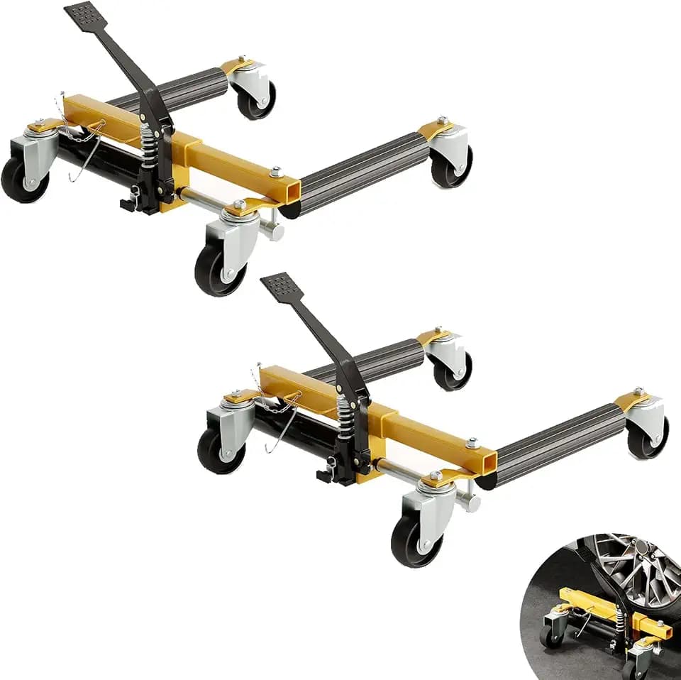 PULLAFUN Set of (2) Car Wheel Dolly, 3000 LBS Car Dolly, Car Skates Vehicle Positioning Hydraulic Tire Jack Ratcheting Foot Pedal Lift Hydraulic Car Wheel Dolly