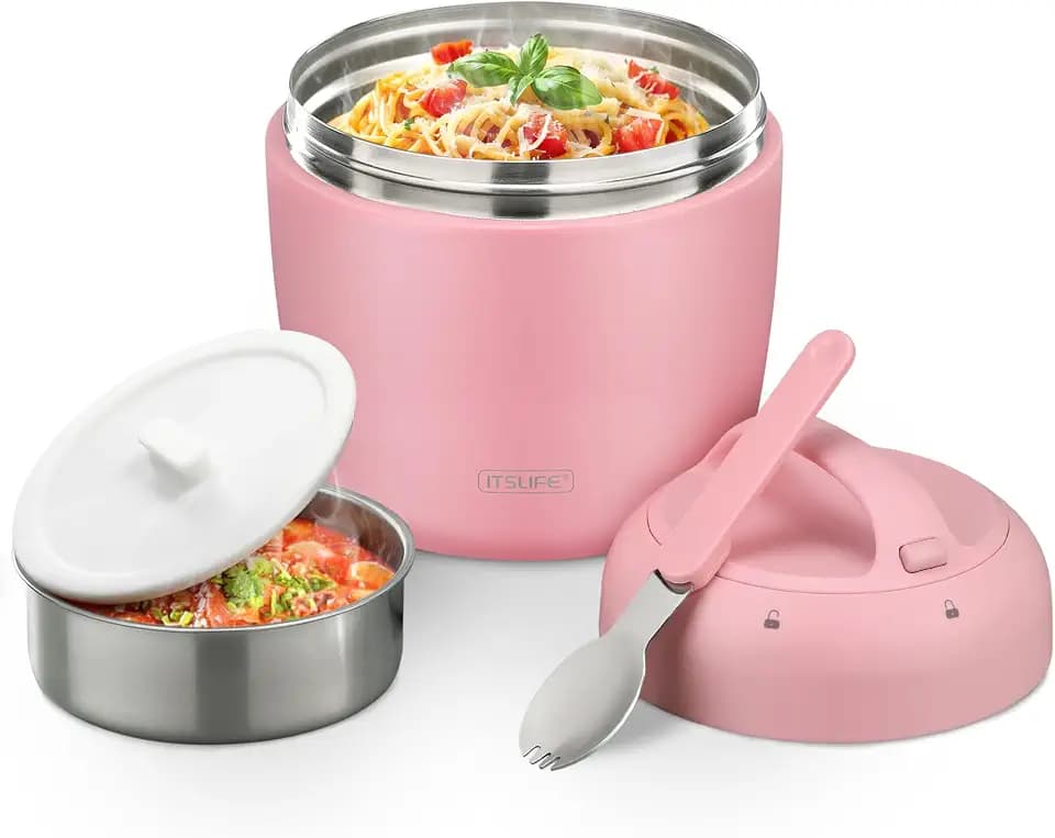 Thermo Food Jar for Hot Food Adults 32OZ Soup Thermo Lunch Containers Wide Mouth Vacuum Insulated Stainless Steel Leakproof Bento Box with Spoon (NEW-PINK)
