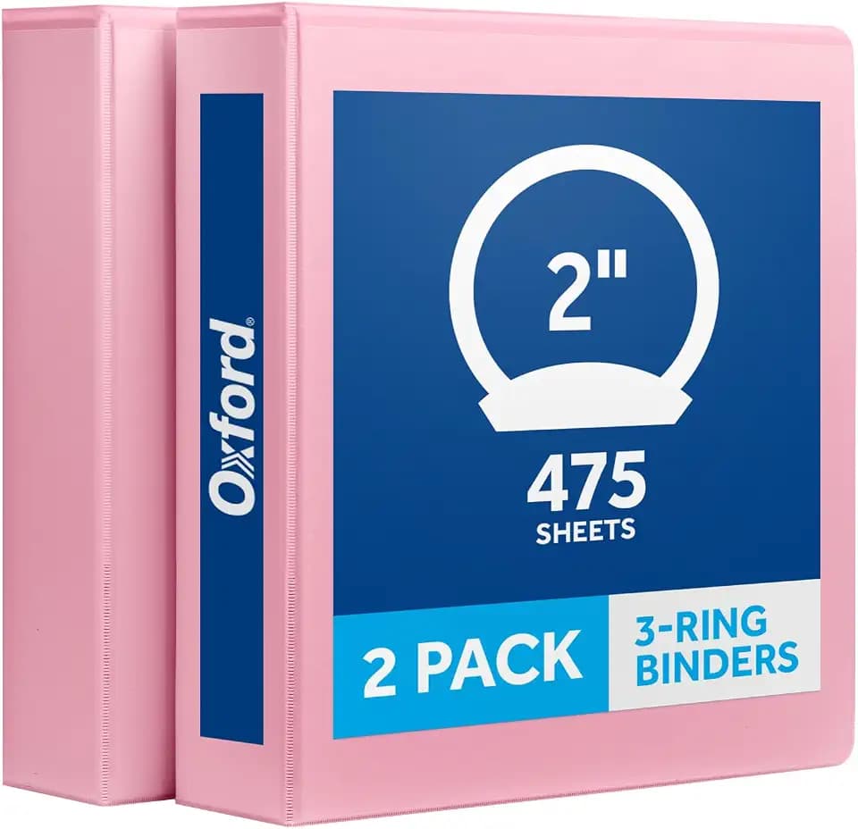 Oxford 2 Inch 3 Ring Binders, 2 Pack, Pink, Holds 475 Sheets
